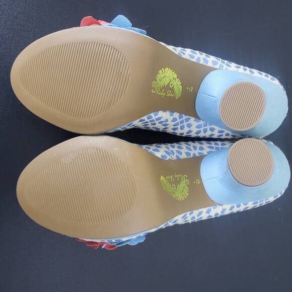 Floral Patterned Blue and Pink Women's Heels - Picture 6 of 9